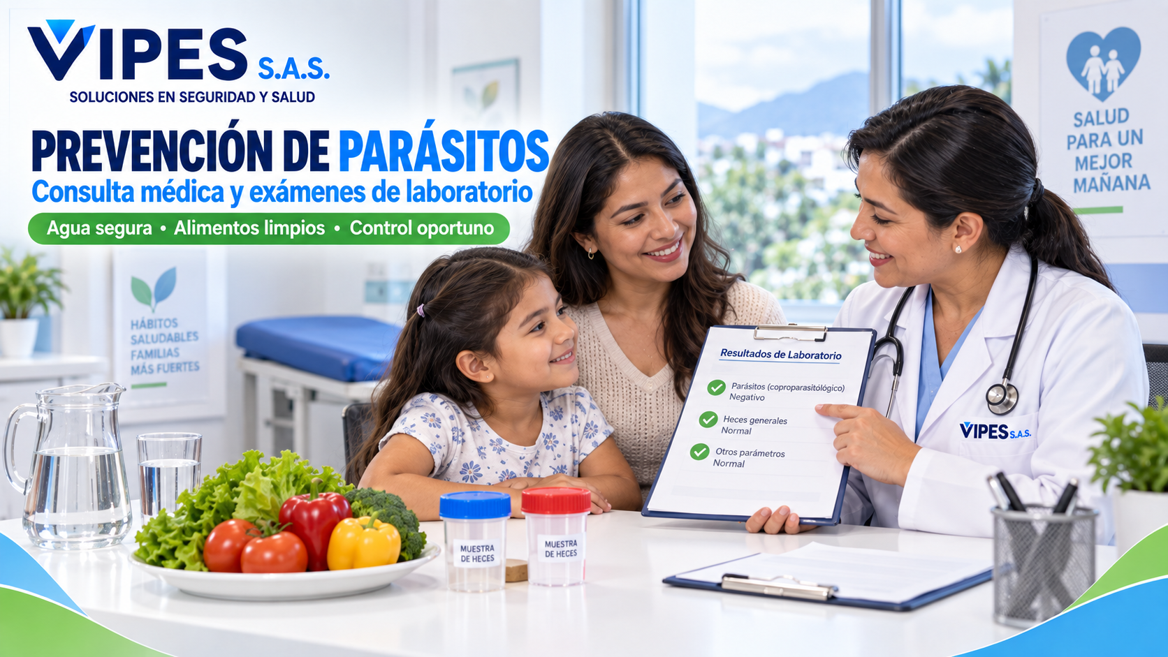 Doctora VIPES orientando a una familia sobre prevención de parásitos y exámenes de laboratorio
