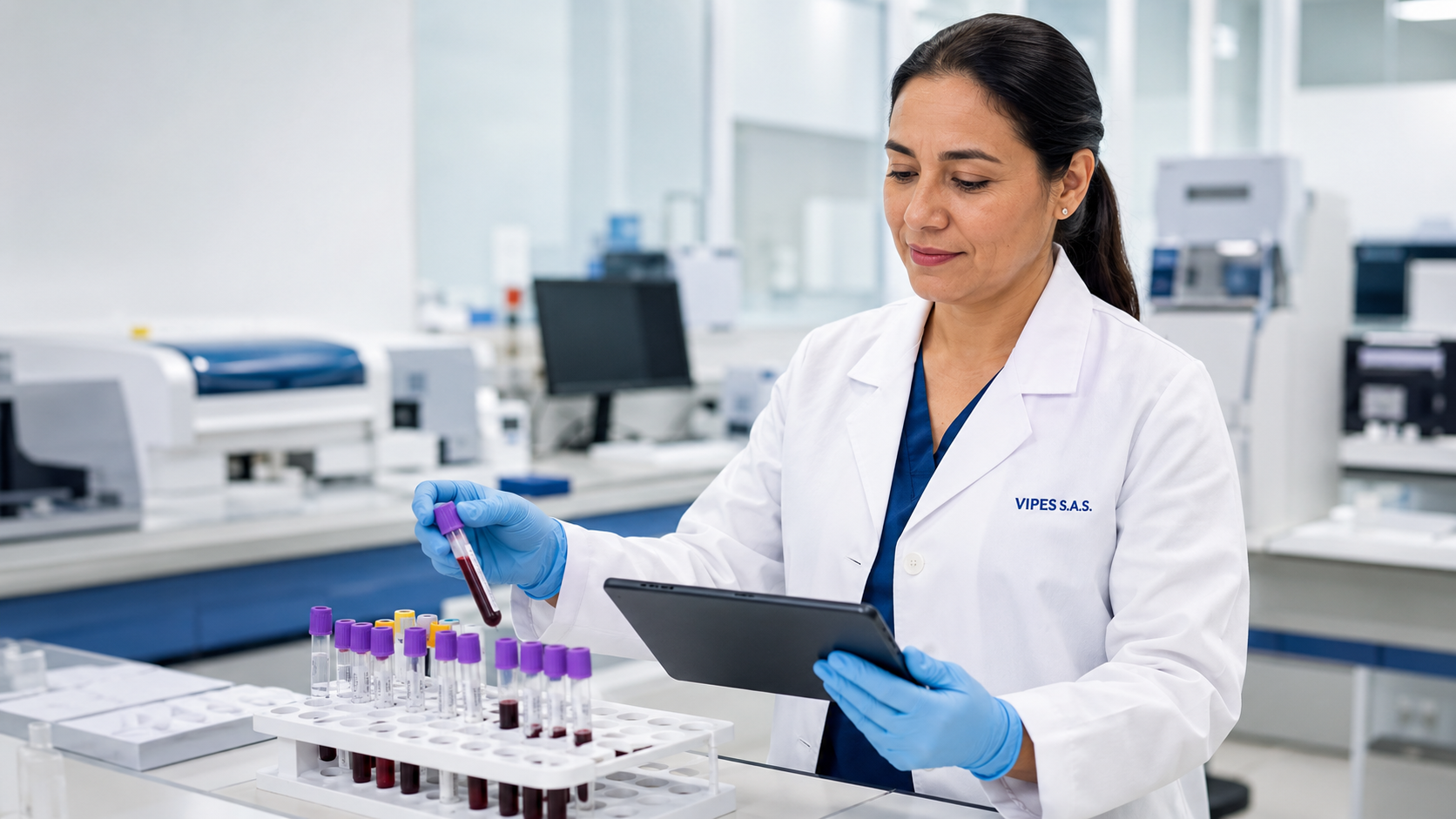 Profesional VIPES procesando exámenes de laboratorio